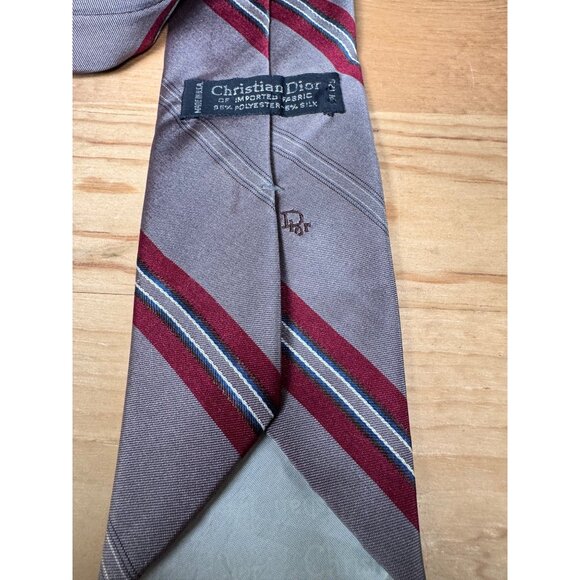 Vintage Christian Dior Men’s Tie Made in USA – Brown Red Stripe Polyester Silk - Picture 5 of 8